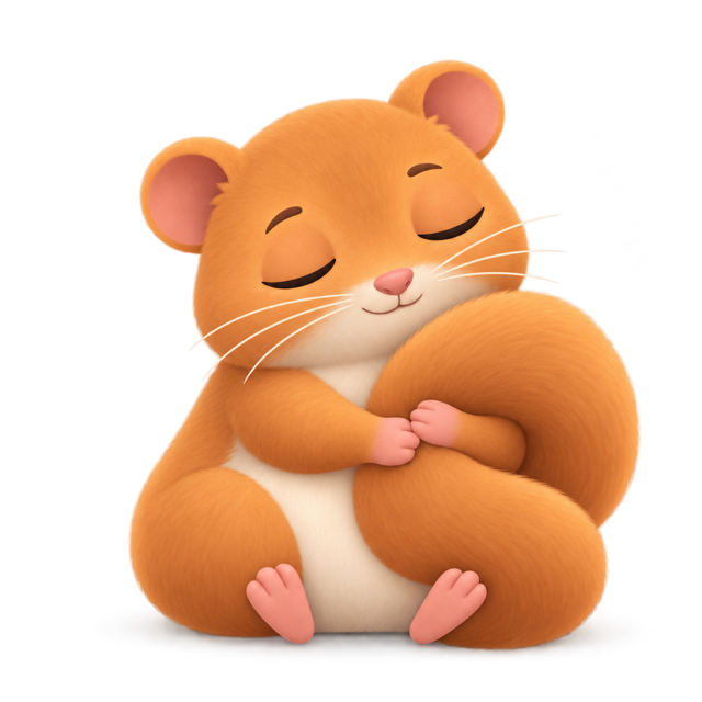 Hazel, a sleepy hazel dormouse, hugging her tail with eyes closed